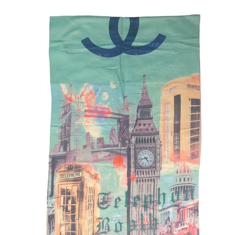 Vintage Chanel Multi-Color Green Telegraph Booth Print Blanket Scarf Scarve Wrap - Picture 3 of 8